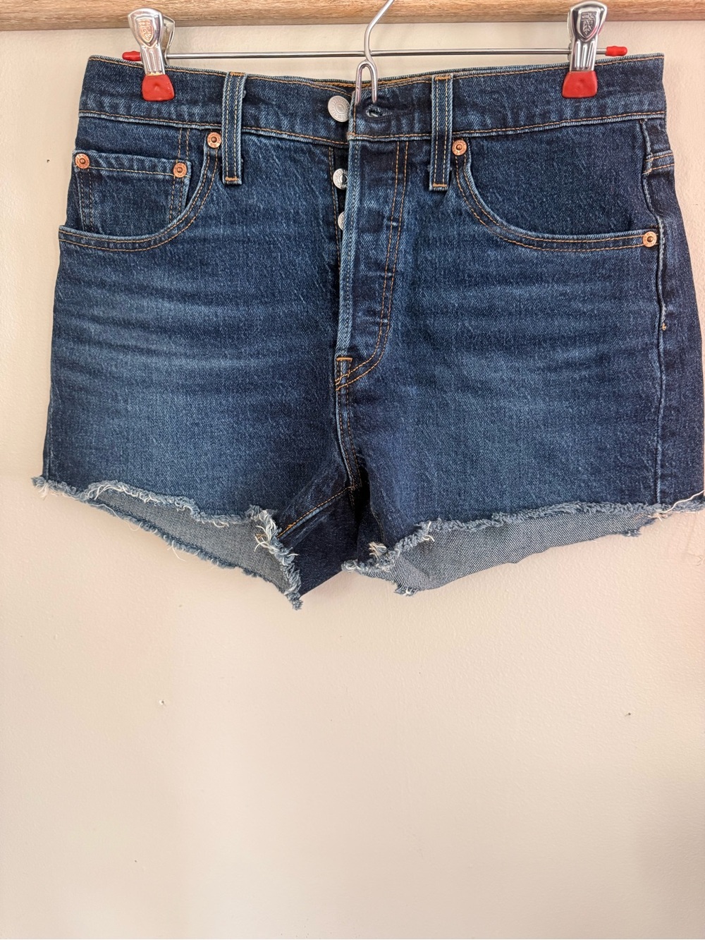 Levi's Dark Indigo Frayed Hem Jean Shorts